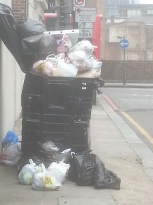 Full beyond limits.: Communal Mixed Recycling Waste Container  in Swinton Place after not being emptied.  Community has repeatedly requested more containers for at least three years. 