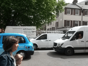 Junction at Britannia Street (BS) and Gray's Inn Road. Britannia Street is densely populated