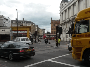Gray's Inn Road looking across King's Cross Bridge to Caledonian Road. Ideally traffic going north would take a right turn here